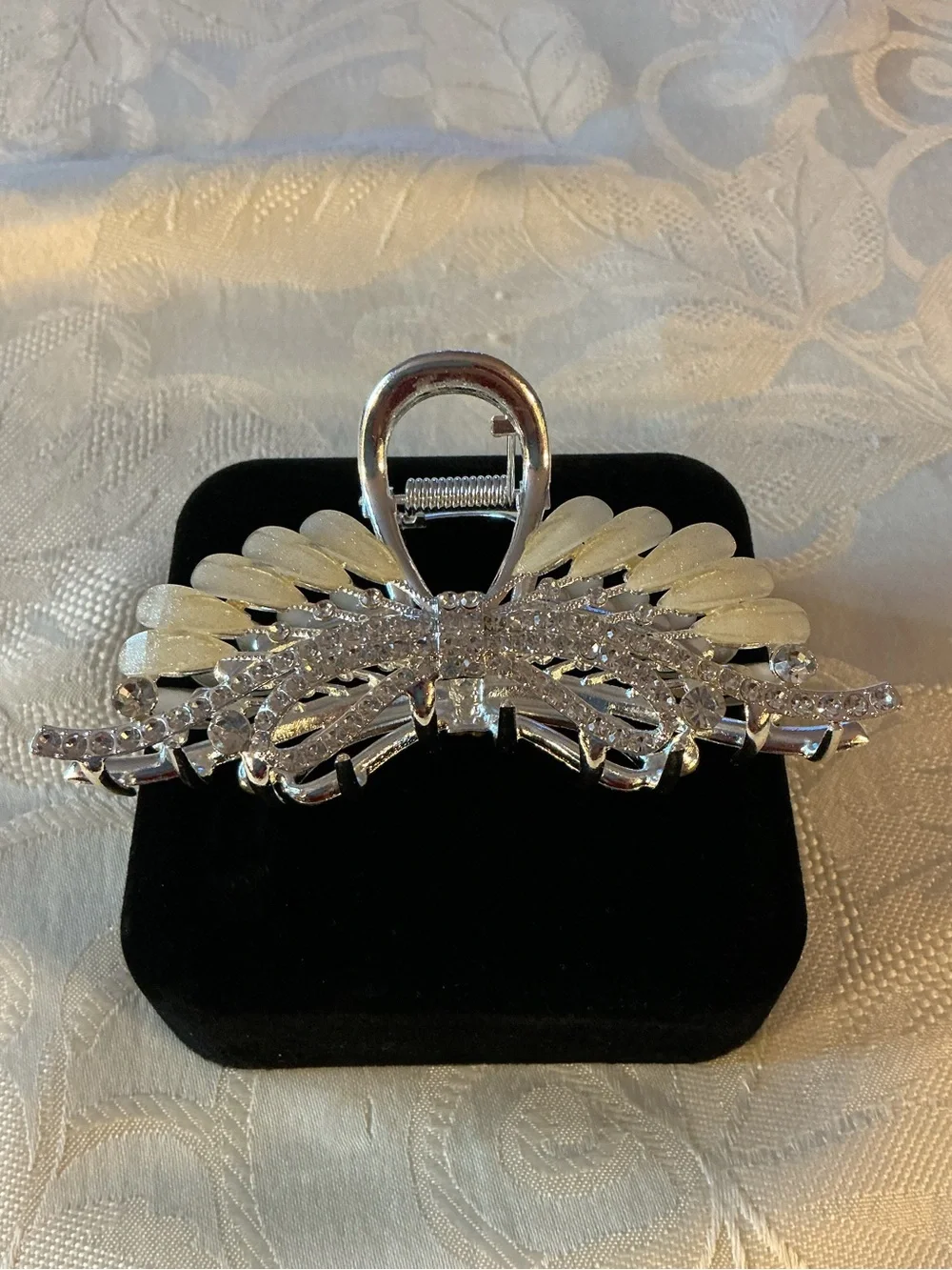 Pearlescent Acrylic and Rhinestone Silver Tone Decorative Claw Clip
